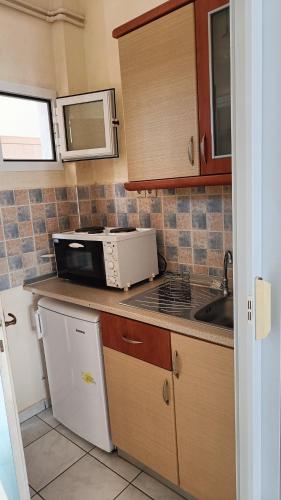 a kitchen with a microwave and a stove top oven at Garden House Katerina in Leptokaria