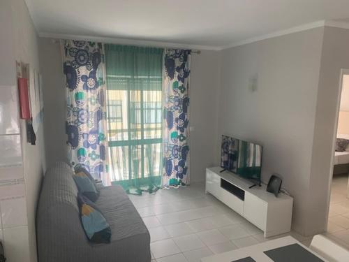 a living room with a couch and a television at Frente á Praia in Portimão