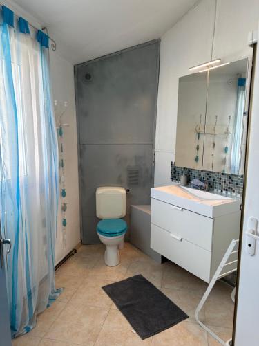 une salle de bain avec toilettes, lavabo et miroir dans l'établissement L'air du largeMaison 4ch, à Bourcefranc