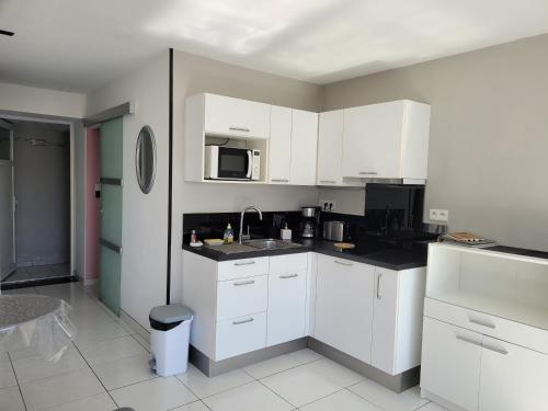 une cuisine avec des armoires blanches, un évier et un micro-ondes dans l'établissement Le Logis du Palmier, à Breuillet