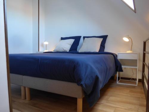 - un lit avec une couette bleue et 2 oreillers dans l'établissement Studio 38m2 centre-ville, à Bourges