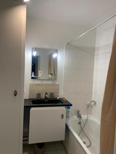 une salle de bain avec un lavabo et une baignoire dans l'établissement Charmant appartement avec la terrasse, à Asnières-sur-Seine