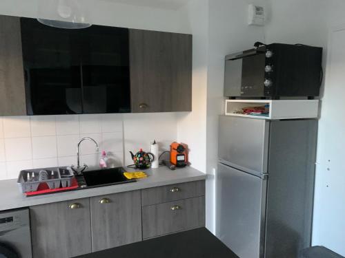 La cuisine est équipée d'un réfrigérateur et d'un évier. dans l'établissement Charmant appartement avec la terrasse, à Asnières-sur-Seine