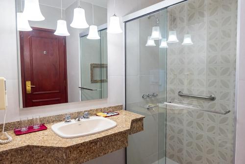 a bathroom with a sink and a glass shower at Sabe Center in Asuncion