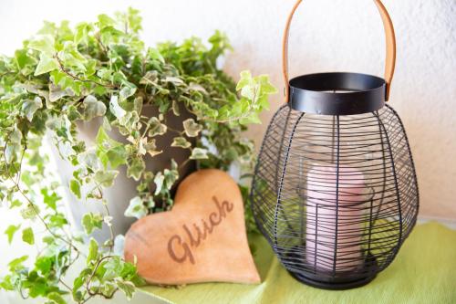 a black vase sitting on a table next to plants at Haus Lindbichl in Sankt Johann im Pongau