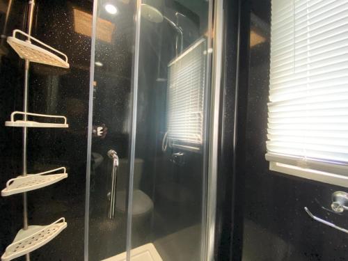 um chuveiro com uma porta de vidro na casa de banho em Homely Caravan Just A Short Walk To Hembsy Beach In Norfolk Ref 00036ba em Hemsby