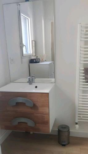 une salle de bain avec un lavabo et un miroir dans l'établissement Maison de vacances à 5 min des plages, à Ploemeur