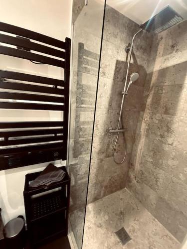 une douche avec une porte vitrée dans une salle de bain dans l'établissement Appartement 1000 et une nuits, à Saint-Avold