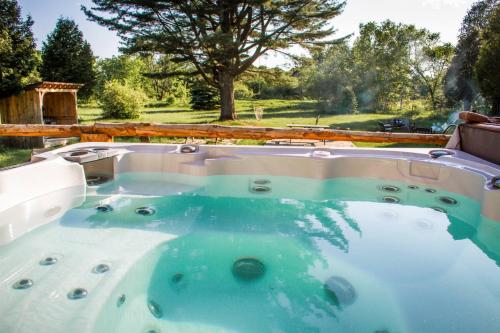 a jacuzzi tub with a view of a yard at Les Chalets Tourisma - Chalet sur une île privée avec spa - Le Pin Royal in Saint-Raymond