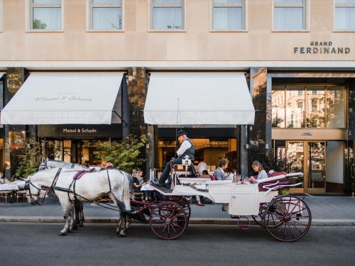 Ein Mann, der eine Pferdekutsche auf einer Stadtstraße reitet. in der Unterkunft Grand Ferdinand Vienna – Your Hotel In The City Center in Wien