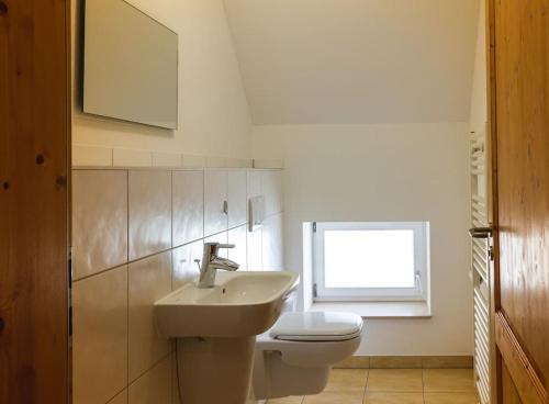 a bathroom with a sink and a toilet and a window at Ferienwohnung SandSteinLand in Reinhardtsdorf