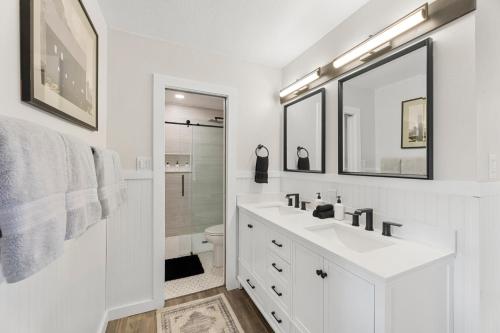 a white bathroom with a sink and a toilet at Farm Retreat with Jacuzzi, Fire Pit, Mini Goats, Mini Ponies and Mini Cows in San Marcos