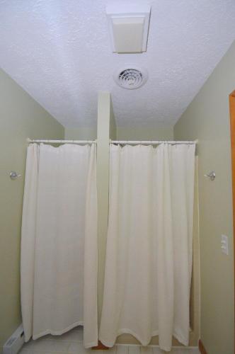 a bathroom with a shower curtain and a ceiling at Bobcat 22 -- Hot Tub, Game Room, Wifi, Fire Pit, Pool Access, Fireplace, Grill, Screen Porch, Hiking, Deck, King Bed, Pet Friendly in Berkeley Springs