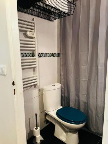 La salle de bains est pourvue de toilettes avec un siège bleu. dans l'établissement appartement 65 M2 Montpellier centre, à Montpellier