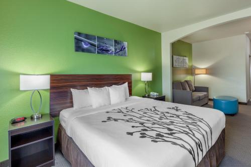 a large bed in a room with a green wall at Sleep Inn & Suites Hewitt - South Waco in Hewitt