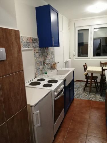 a kitchen with a stove and a blue cabinet at Hidden Gem in Dušanovac (historical)