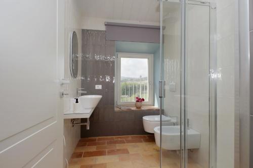 a bathroom with a toilet and a sink and a shower at Agriturismo Biancarda in Massignano