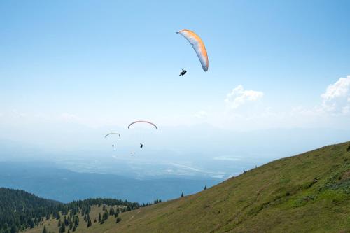 three kites flying in the sky over a hill at CT-GOLD Penthouse Bodensdorf Amatera privater Seezugang Hallenbad, Skiarena Gerlitzen in Bodensdorf
