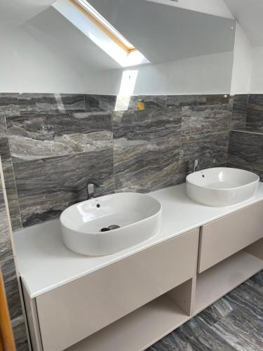 two sinks on a counter in a bathroom at VILLA BY THE LAKE in Curtea de Argeş