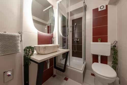 een badkamer met een wastafel, een toilet en een douche bij Apartments Filipovic in Makarska