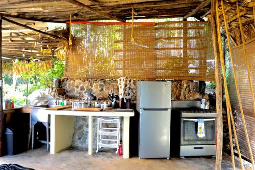 a kitchen with a refrigerator and a table in it at NOMAD Domes Sky Watching at Jarabacoa in Jarabacoa