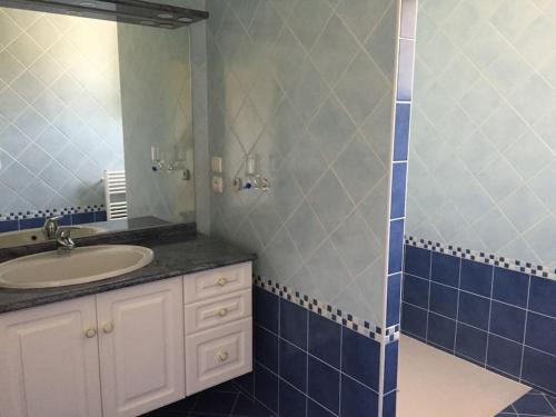 une salle de bain avec un lavabo et un miroir dans l'établissement St Palais, maison avec piscine à 200m de la plage, à Saint-Palais-sur-Mer