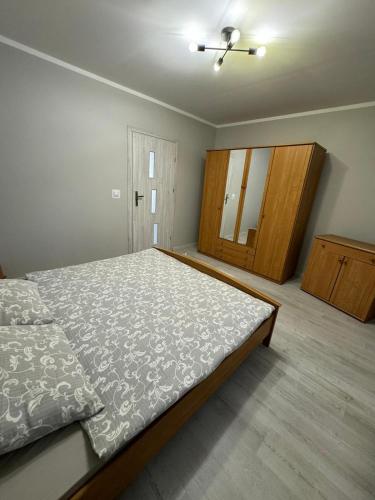 a bedroom with a bed and a dresser and a mirror at Apartament nad Włodzicą in Nowa Ruda