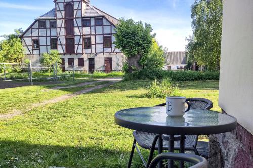 a coffee cup sitting on a table in front of a house at Ferienwohnung zur Pferdekoppel in Bömitz