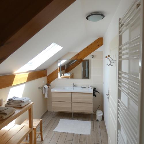 uma casa de banho com um lavatório e um espelho em les iris em Villevieux