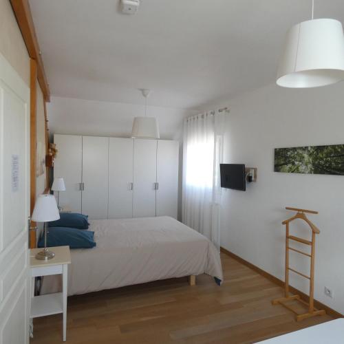 sypialnia z łóżkiem i telewizorem na ścianie w obiekcie les iris w mieście Villevieux