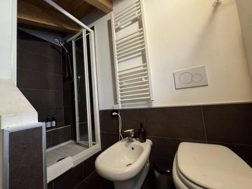 een badkamer met een toilet, een wastafel en een douche bij Comfort Room 1 Dogana Svizzera in San Fermo della Battaglia