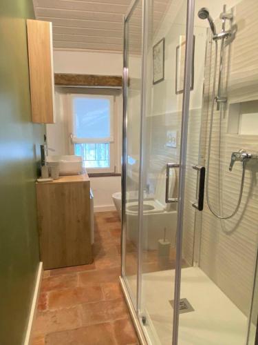 a bathroom with a shower and a sink and a toilet at Argegno's River - Central Apartment lake view in Argegno