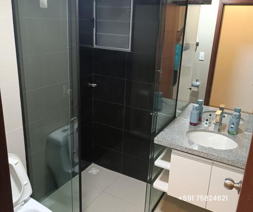 a bathroom with a shower and a toilet and a sink at Departamento Express CL in Vila El Carmen