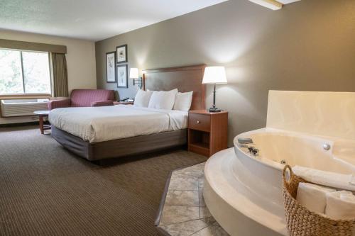 ein Hotelzimmer mit einem Bett und einer Badewanne in der Unterkunft AmericInn by Wyndham Red Wing in Red Wing