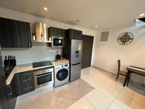 a kitchen with a washer and a stove and a dishwasher at Embassy Gardens Royal Suites Apartments in Accra