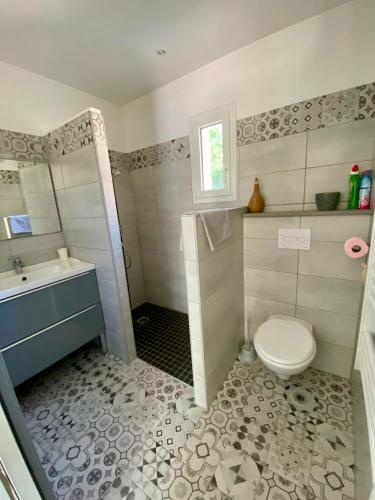 une salle de bain avec une douche, des toilettes et un lavabo dans l'établissement La petite maison avec piscine face au Luberon, à Robion