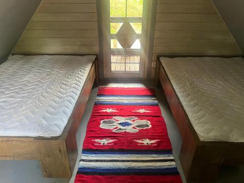 普魯斯基的住宿－domek Pluski，配有地毯和窗户的客房内的两张床