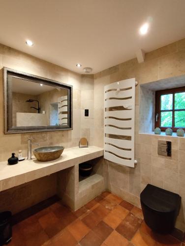une salle de bain avec un lavabo et un miroir dans l'établissement Domaine de Corbelande, à Miniac-sous-Bécherel
