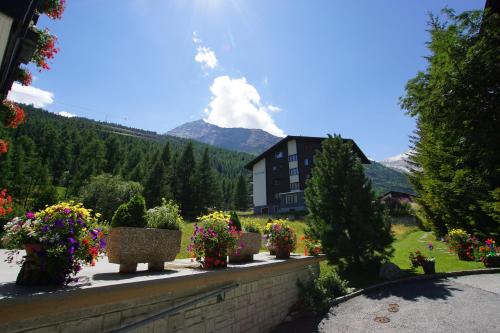 a house with a mountain in the background with flowers at Haus Aida in Saas-Fee