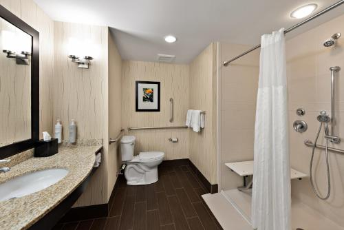 a bathroom with a toilet and a shower and a sink at Hilton Garden Inn Findlay in Findlay