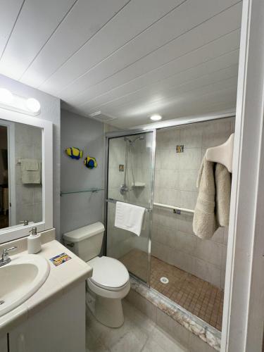 a bathroom with a shower and a toilet and a sink at SeaBliss, oceanfront 1st floor cozy condo in Daytona Beach