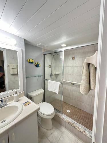 a bathroom with a shower and a toilet and a sink at SeaBliss, oceanfront 1st floor cozy condo in Daytona Beach