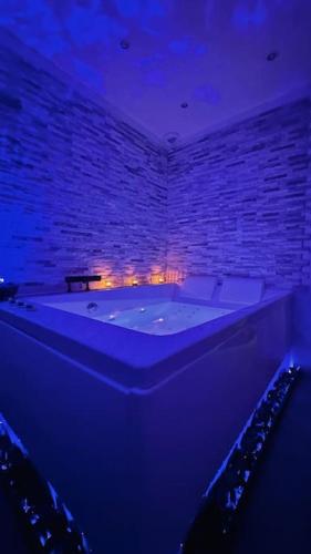 Cette chambre dispose d'une baignoire et d'un mur en briques. dans l'établissement La suite Toujours bleu, à Saintry-sur-Seine