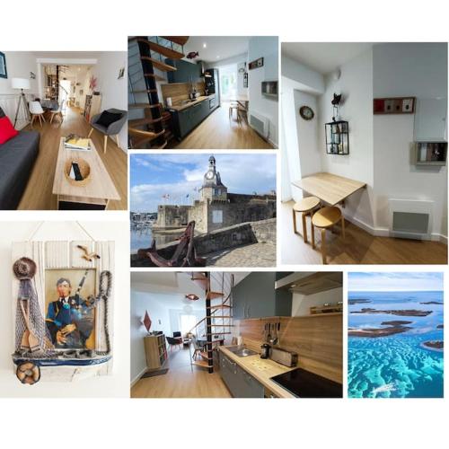un collage de photos d'un bâtiment et d'une chambre dans l'établissement Chez Louisette Centre ville et plages à pied!, à Concarneau