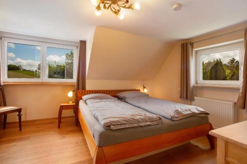a bedroom with a bed and two windows at Allgäuperle mit Hauskater Moritz in Altusried