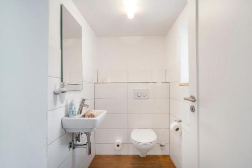 a white bathroom with a toilet and a sink at Ferienhaus Allgäuperle in Altusried