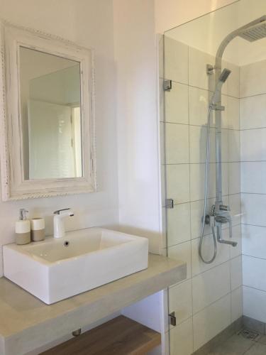 een witte badkamer met een wastafel en een douche bij APPARTEMENT DE LUXE SUR LA PLAGE in Riambel