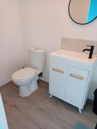 une salle de bain blanche avec des toilettes et un lavabo dans l'établissement La villa Saint-Martin, à Pontorson