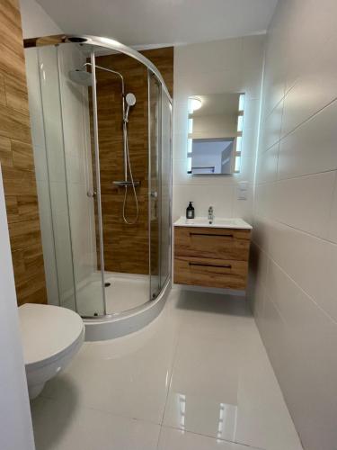 a bathroom with a shower and a toilet and a sink at Horse Ville in Pawłów
