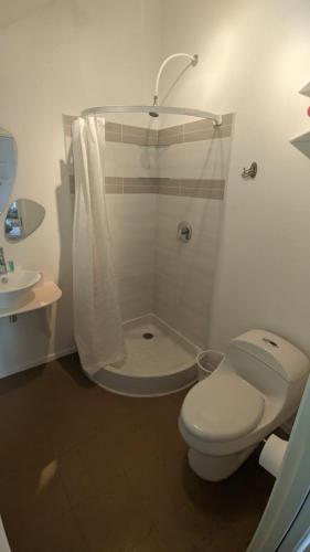 a bathroom with a shower and a toilet and a sink at La Esperanza bird Lodge and Reserve in Jardin